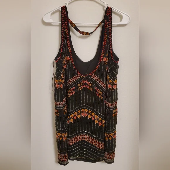 Free People Embellished Black Beaded Geometric Mini Shift Dress Festival Boho - Picture 5 of 6